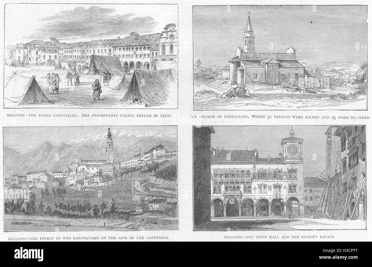 BELLUNO Erdbeben-Piazza Campitelli Flüchtlinge; Conegliano, Kathedrale; Schloss 1873. Die Grafik Stockfoto