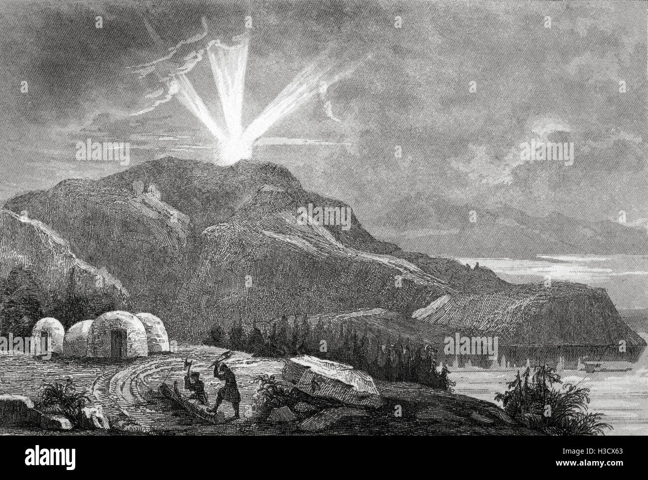 Mitternachtssonne am Polargebiet. 19. Jahrhundert Stahlstich. Stockfoto