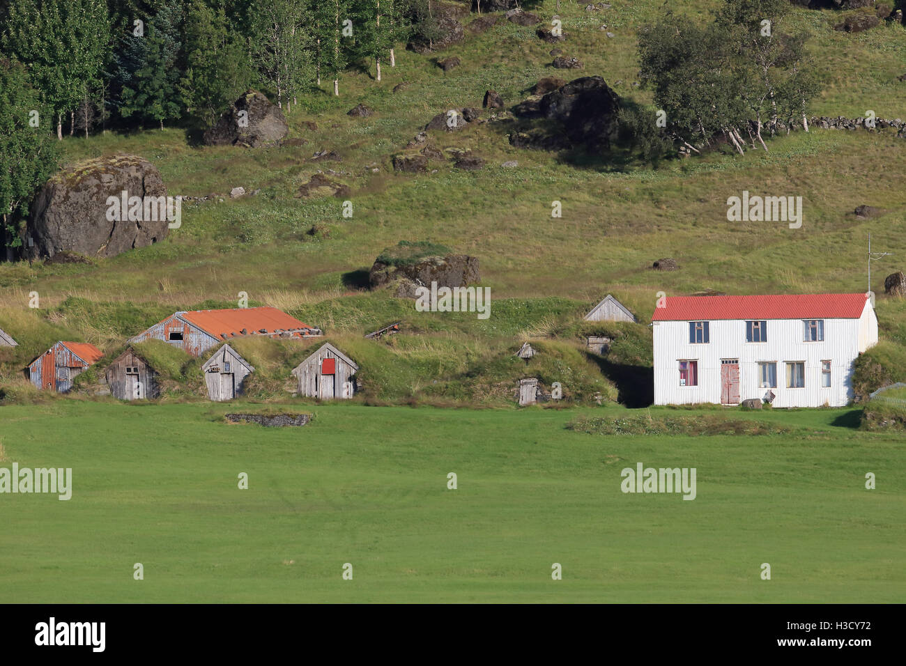 Bauernhof Gebäude Südost-Island Stockfoto