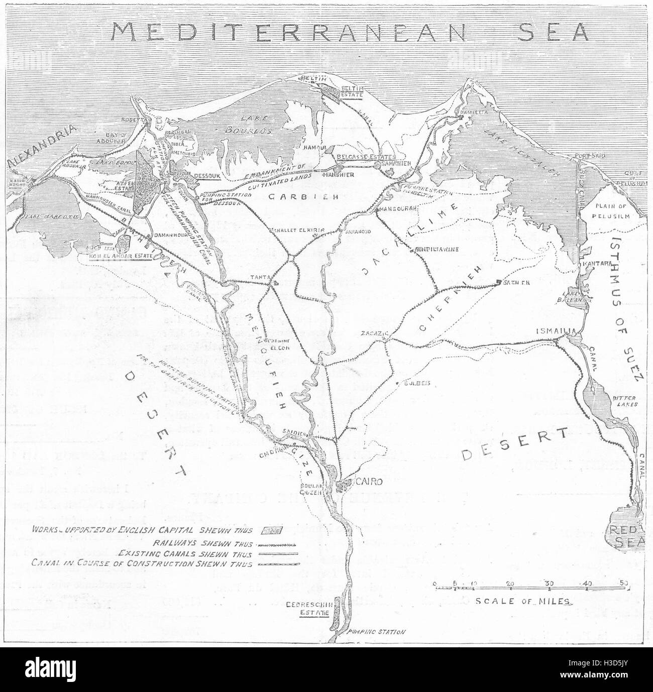 Ägypten-Kartenskizze Delta des Nil, Bewässerung & Landgewinnung System 1882. Der illustrierte London News Stockfoto