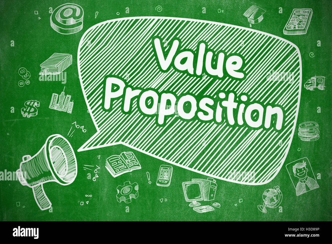 Value Proposition - Doodle Illustration an grüne Tafel. Stockfoto
