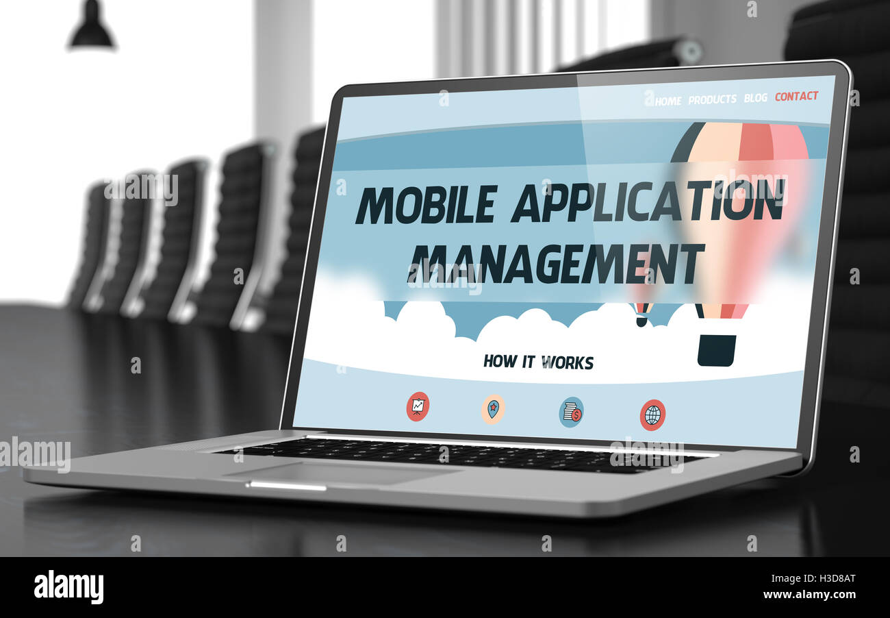 Mobile Application Management auf Laptop im Tagungsraum. 3D. Stockfoto