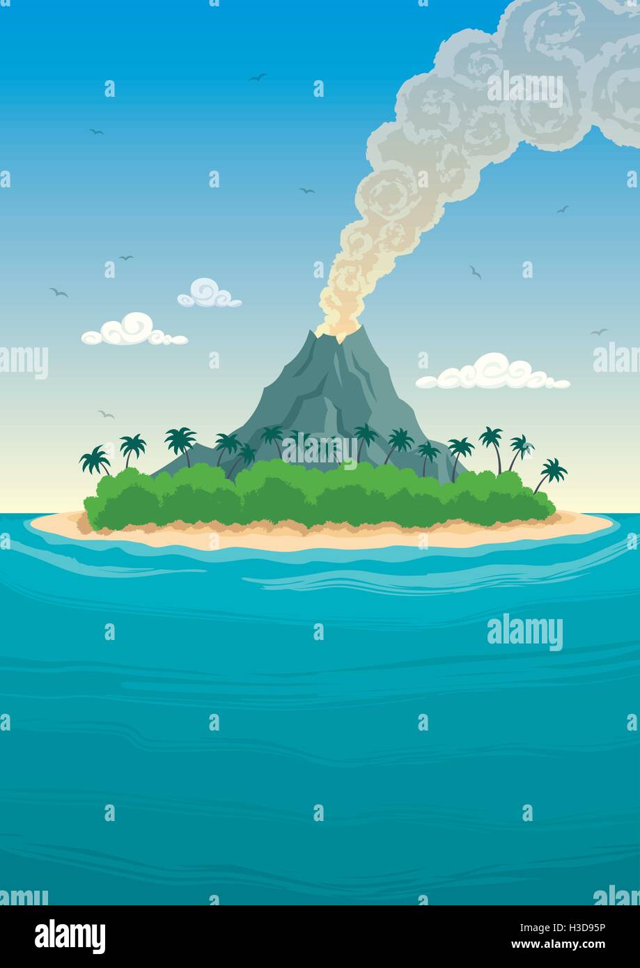 Tropischen Insel mit rauchenden Vulkan. Stock Vektor