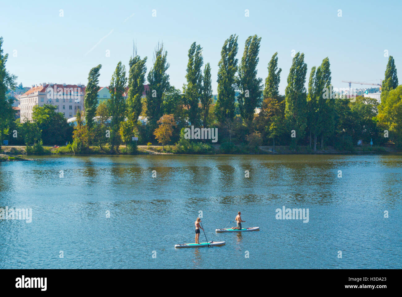 Paddeln, Standup Paddling oder Paddel Surfen, Moldau, Prag, Tschechische Republik Stockfoto