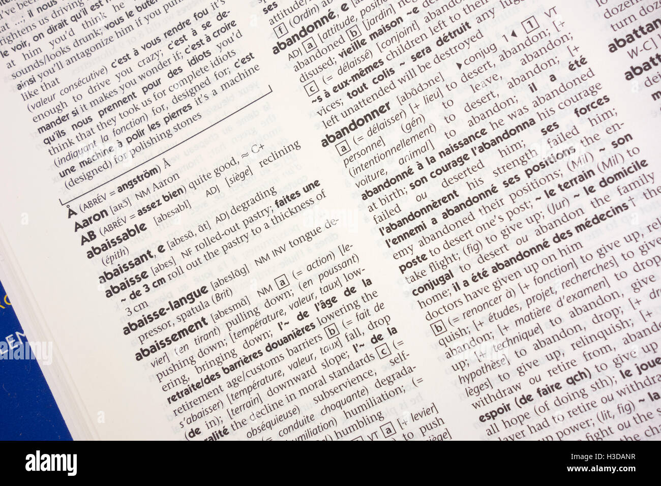 Öffnen Sie "A" Seite von Roberts Französisch-Englisch Wörterbuch Stockfoto