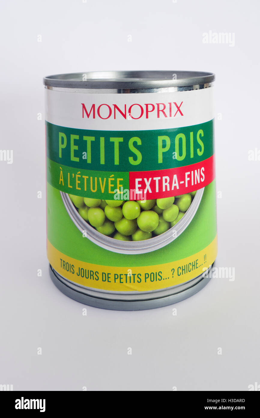Monoprix Dose Petits pois (Erbsen). Extra fein, in der Saison. Stockfoto