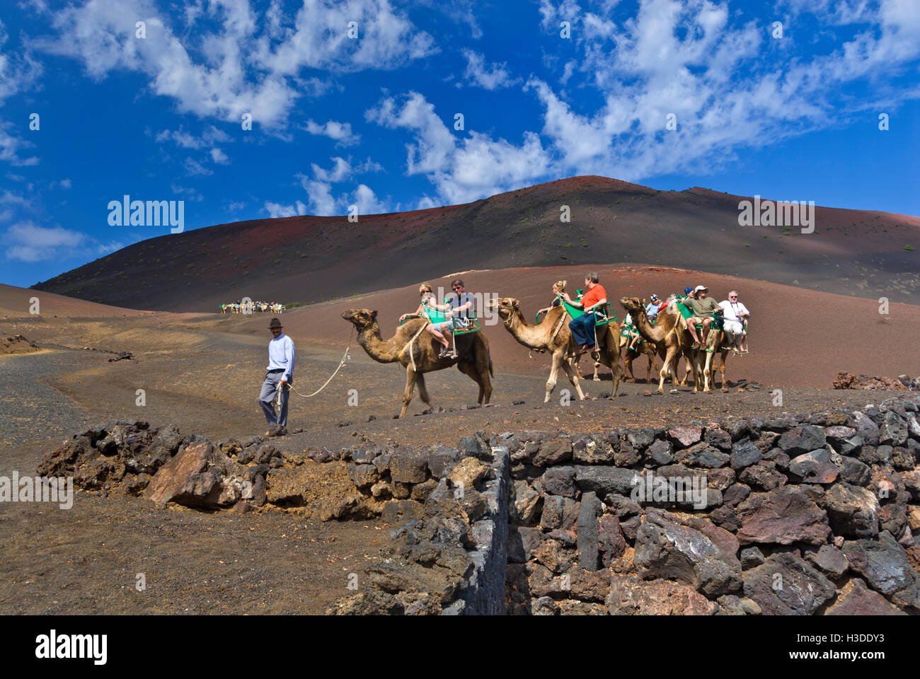 TIMANFAYA Kamel trek Trekking zug mit Touristen im Timanfaya Nationalpark Vulkane Lanzarote Kanarische Inseln Spanien Stockfoto