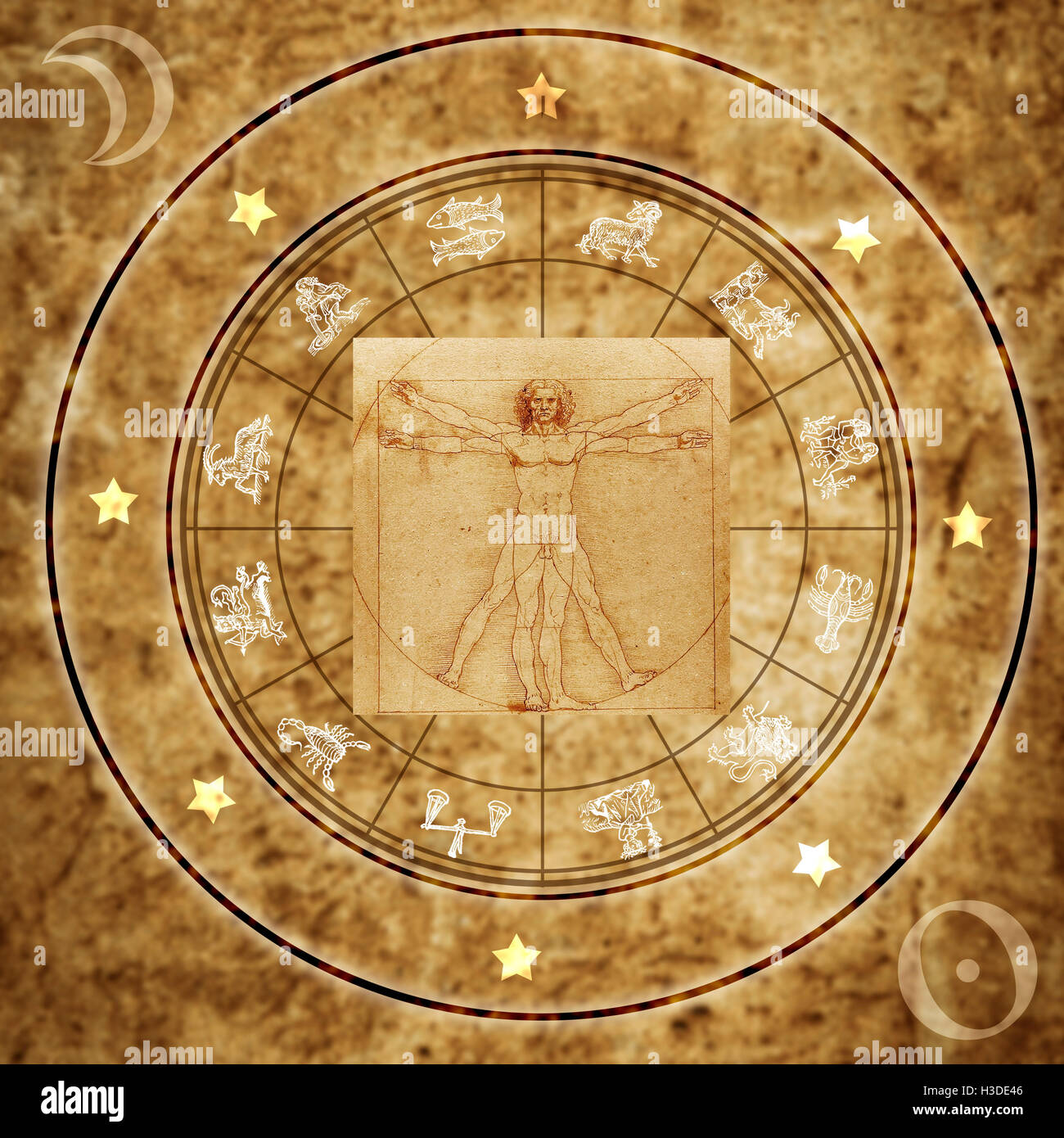 Astrologie und vitruvianische Mensch Stockfoto