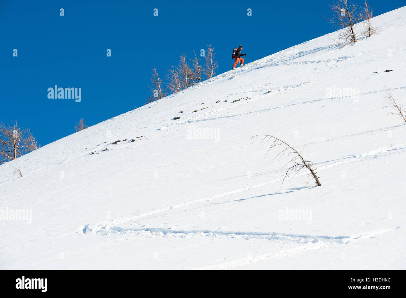 Snowboarder, die Tour durch das kanadische Hinterland an einem sonnigen Nachmittag Stockfoto