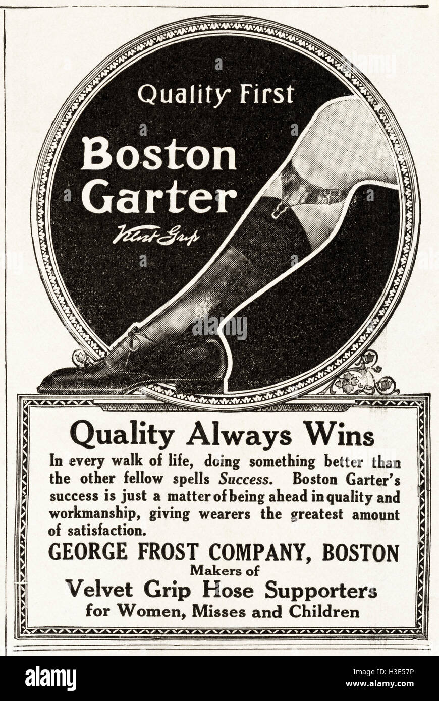 1920-Anzeige aus original alten Vintage American Magazin 1920er Jahre Werbung Werbung Boston Strumpfband von George Frost Company of Boston USA Stockfoto