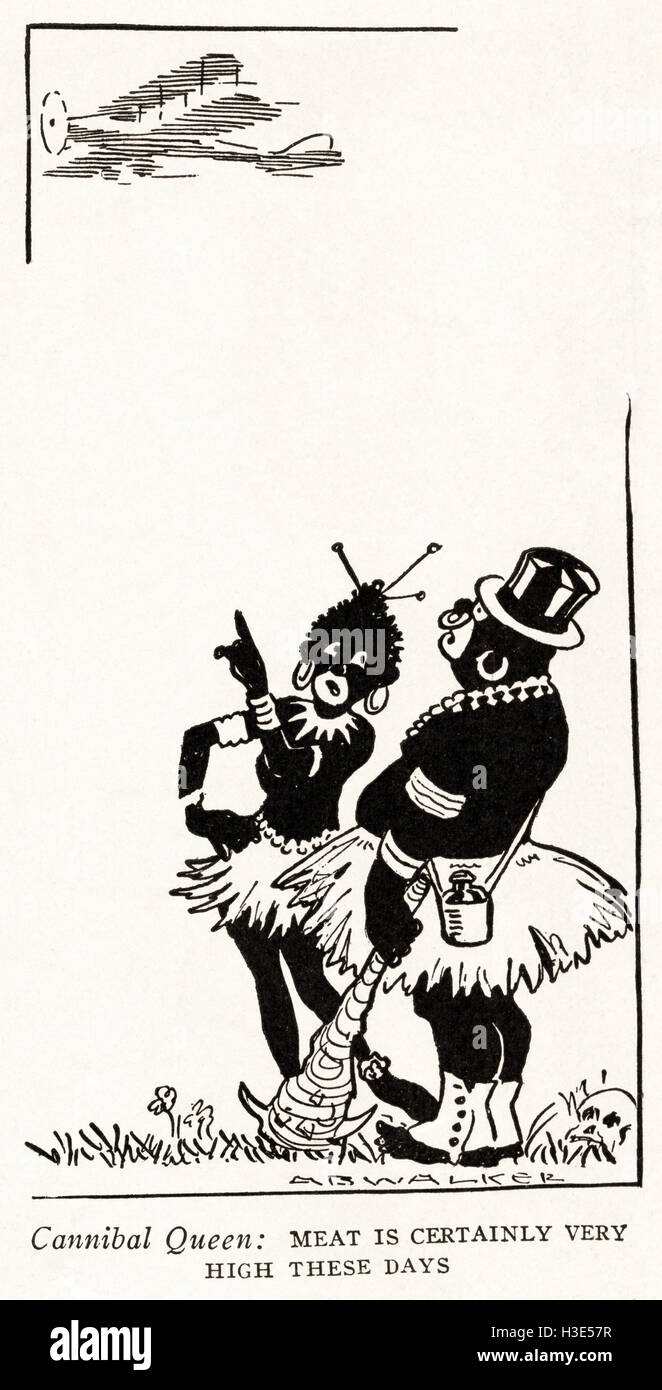 1920-Karikatur aus original alten Vintage American Magazin der 1920er Jahre mit afrikanischen Kannibalen, die jetzt unangemessen oder rassistische wäre Stockfoto