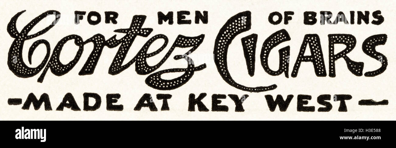 1920 Anzeige aus original alten Vintage amerikanische Magazin 20er Retro Werbung Werbung Cortez Zigarren hergestellt in Key West Florida USA Stockfoto