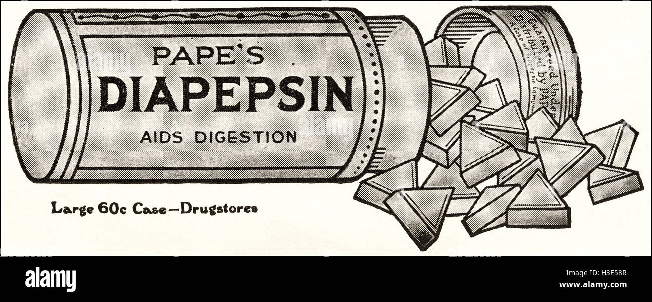 1920 Anzeige aus original alten Vintage amerikanische Magazin 20er Retro Werbung Werbung Pape Diapepsin Verdauung Stockfoto