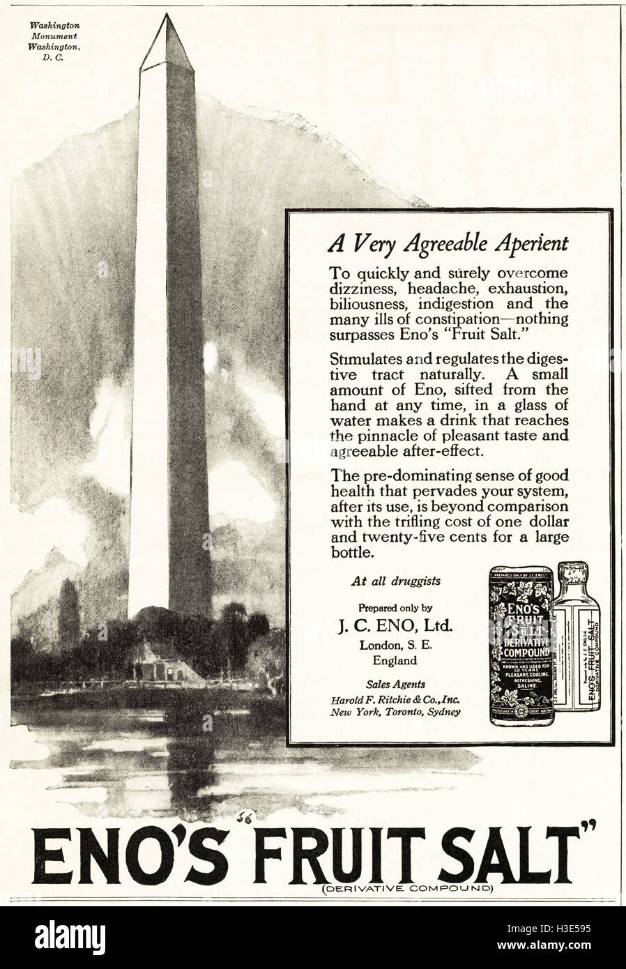 1920 Anzeige aus original alten Vintage amerikanische Magazin 20er Retro Werbung Werbung Eno Obst Salz für Gesundheit Stockfoto