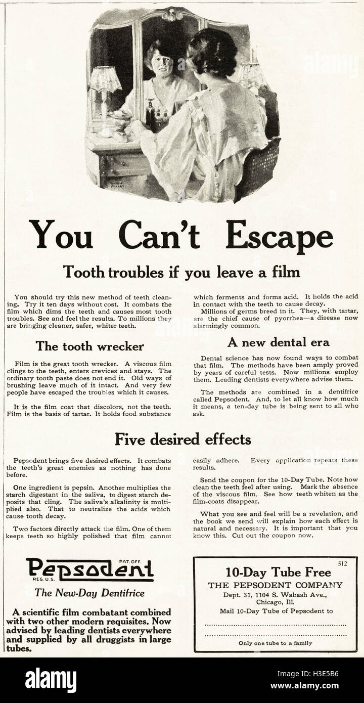 1920-Anzeige aus original alten Vintage American Magazin 1920er Jahre Werbung Werbung Zahnpasta Zahnpaste von Grafikerin von Chicago Illinois USA Stockfoto