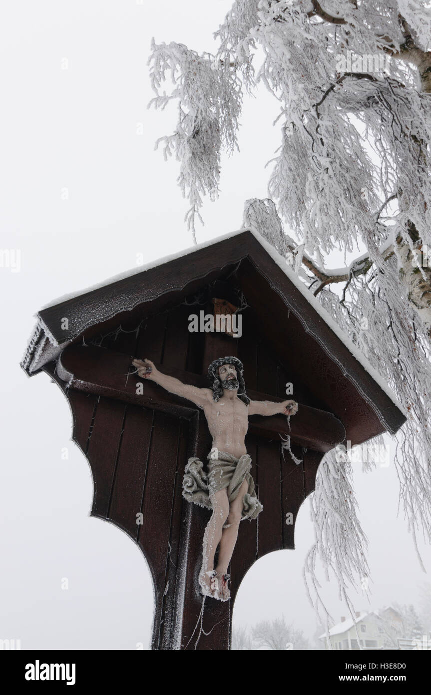 Sonntagberg: Wegkreuz mit Raureif, Kruzifix, Mostviertel, Niederösterreich, Niederösterreich, Österreich Stockfoto