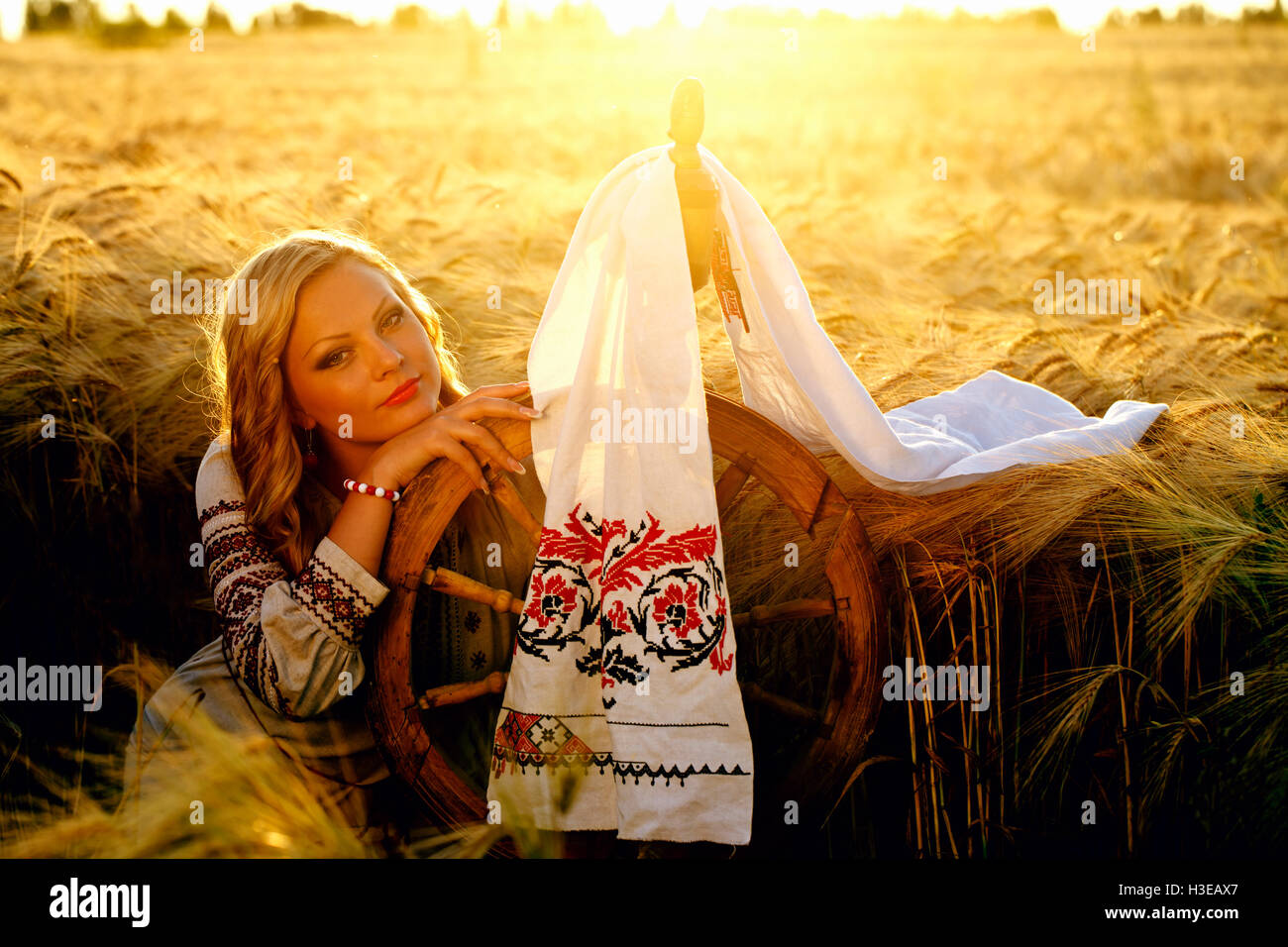 eine schöne junge Ukrainerin in traditioneller Tracht mit bestickt Stockfoto