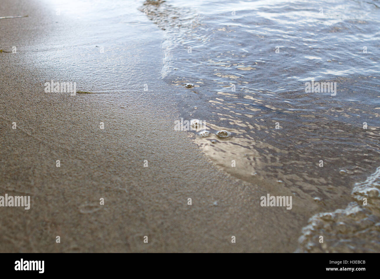 Strand mit ruhigen Wellen, glatten nassen Sand und Lichtreflexion auf dem Wasser Stockfoto