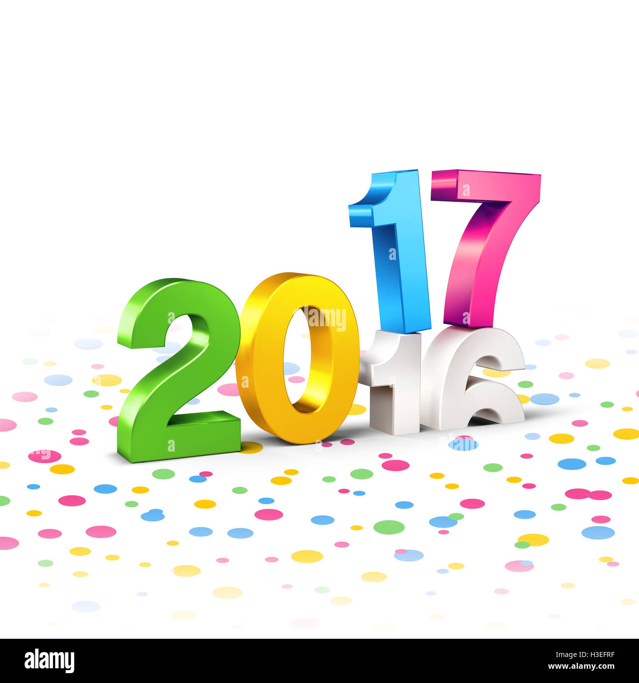 Bunte 2017 Neujahr Art über 2016 auf weißem Boden voller Konfetti - 3D-Illustration Stockfoto