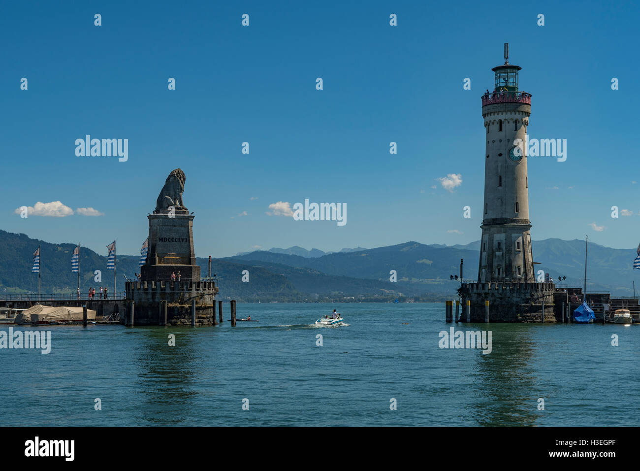 Leuchtturm und bayerischem Löwen, Lindau, Bayern, Deutschland Stockfoto