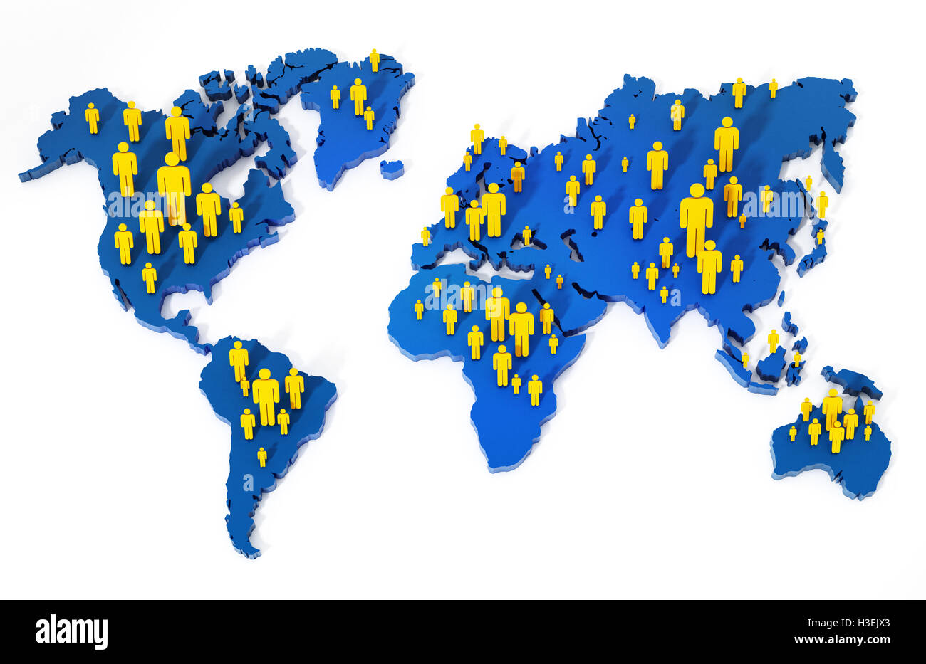 Strichmännchen stehen auf der Weltkarte. 3D Illustration. Stockfoto