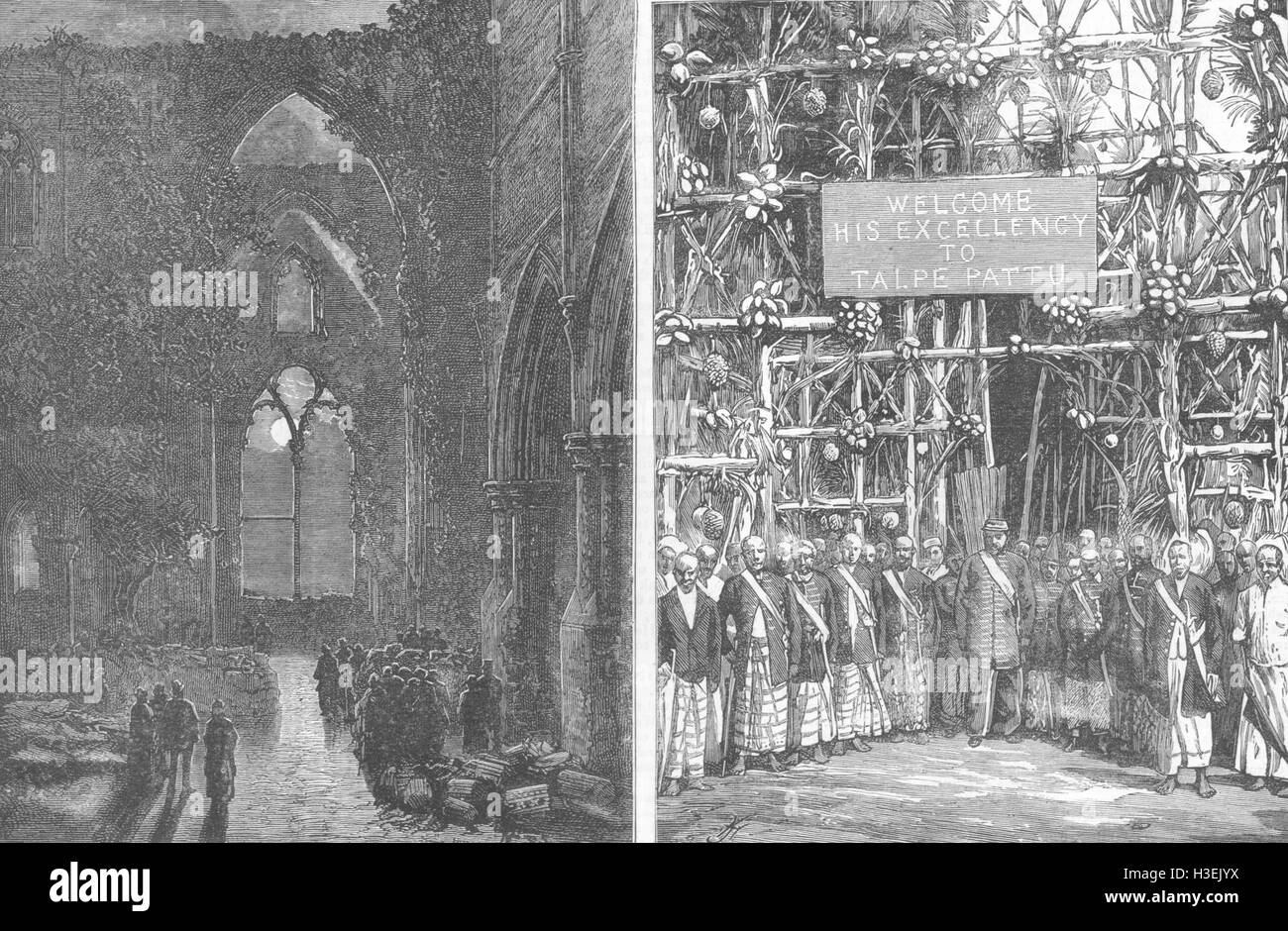 WALES Tintern Abbey bei Mondschein; Triumphal Bogen Talpe Pattu, Sri Lanka 1881. Die Grafik Stockfoto