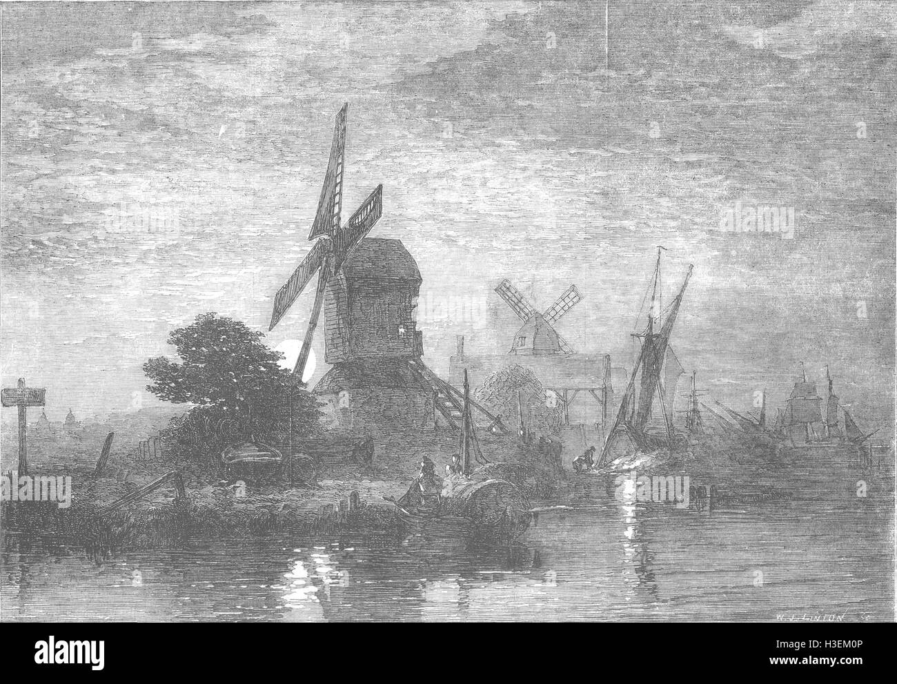 Windmühlen Mondaufgang gemalt von E Duncan 1853. Illustrierte London News Stockfoto