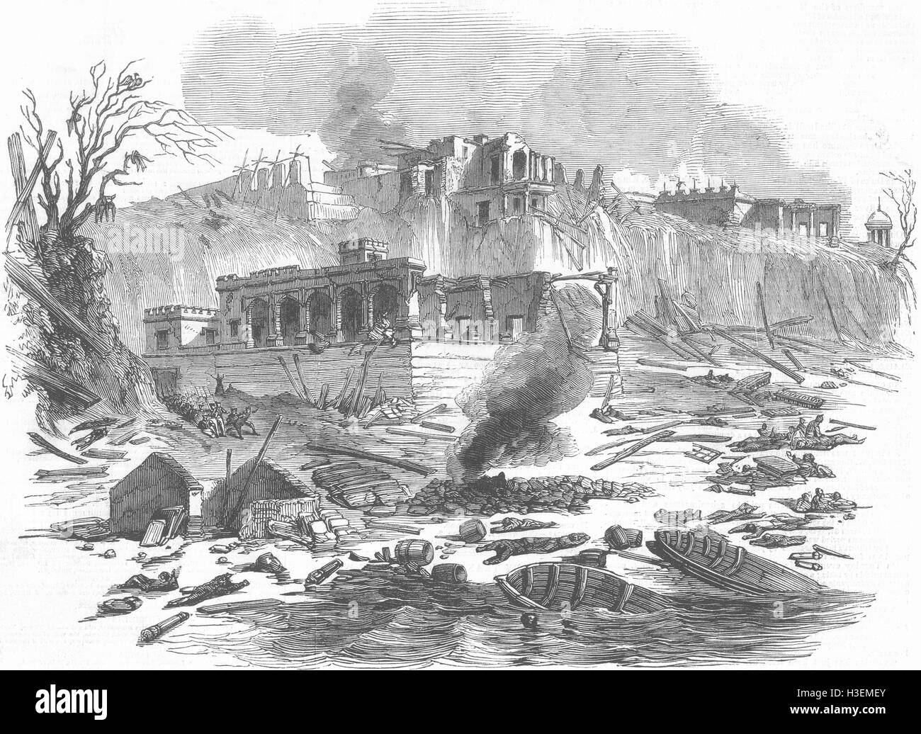 Indien-Explosion, Raj Ghat Fähre, Varanasi 1850. Illustrierte London News Stockfoto