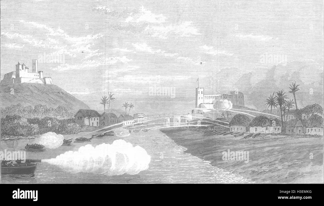 GHANA-Bombardement der Stadt Elmina 1873. Illustrierte London News Stockfoto