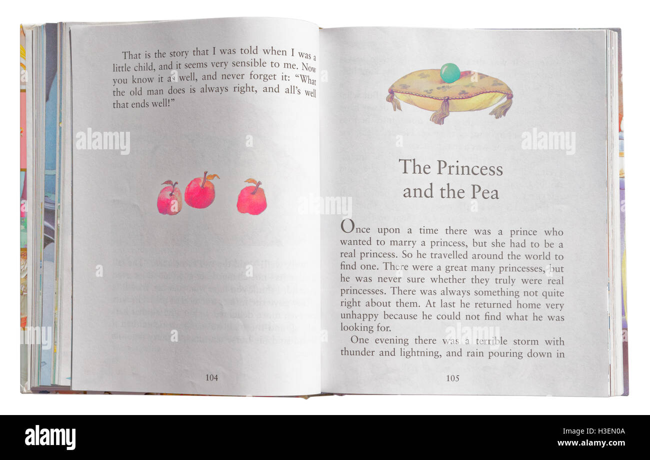 Die Prinzessin und die Erbse in einem Buch der Märchen Stockfoto