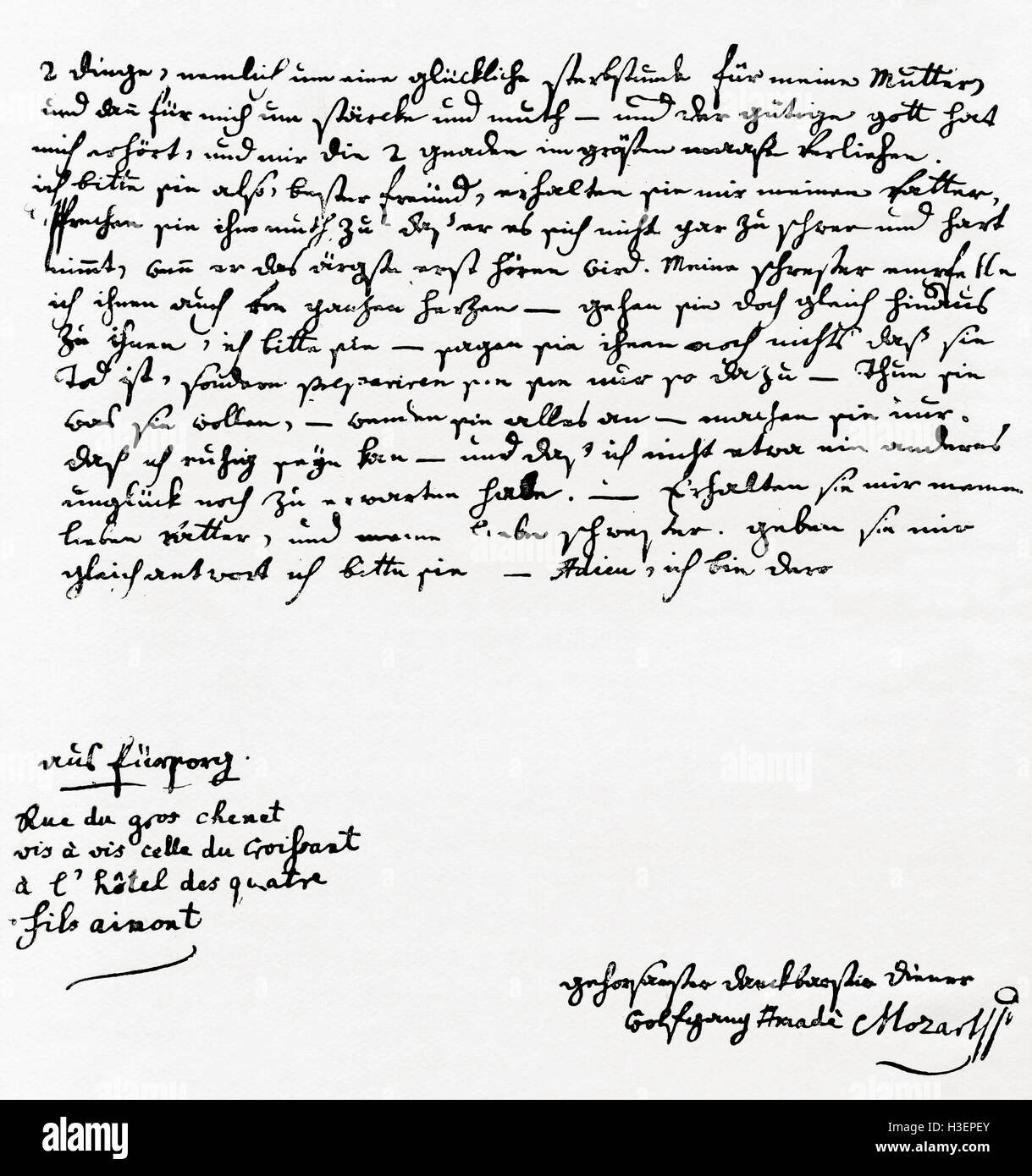 Brief von Mozart nach dem Tod seiner Mutter im Jahre 1778. Wolfgang Amadeus Mozart, 1756-1791, getauft Johannes Chrysostomus Wolfgangus Theophilus Mozart.  Komponisten der Klassik. Stockfoto