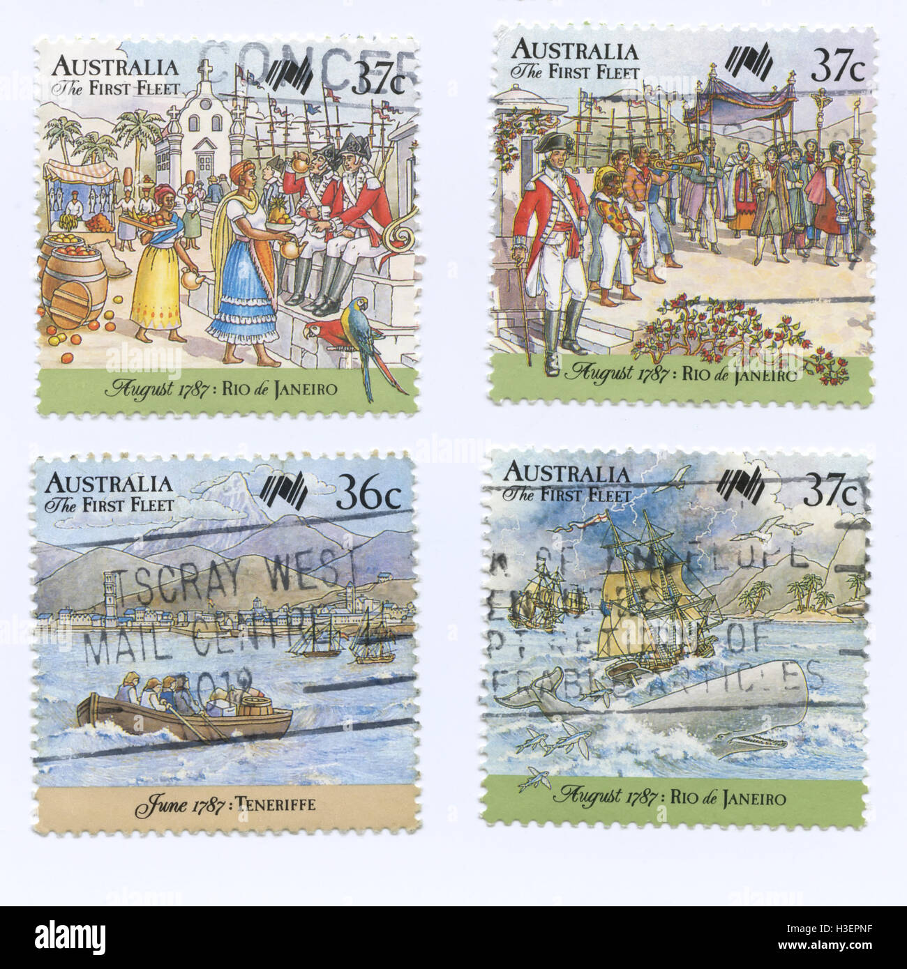 Satz von Australien die erste Flotte Briefmarken, Versand und Ereignisse zu erforschen Stockfoto