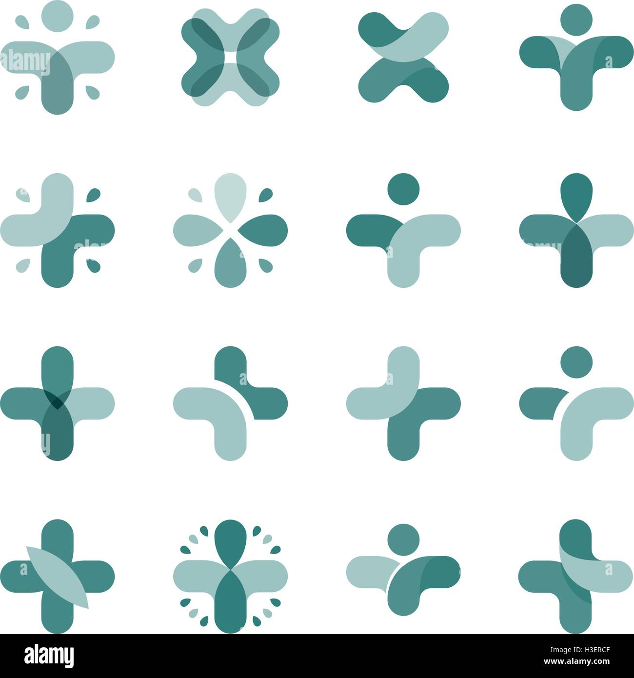 Isolierte abstrakt blau Kreuz Logo Set. Medizinische Logo-Sammlung. Religiöse Ikonographie. Vektor-Illustration. Gesundheit-Zeichen. Krankenhaus, Ambulanz-Symbol. Plus, arithmetische Multiplikation Element. Stock Vektor