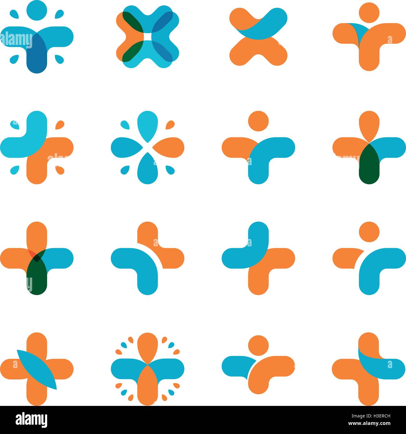 Isolierte abstrakt blau, Orange cross Logo gesetzt. Medizinische Logo-Sammlung. Religiöse Ikonographie. Medizinische Illustration Vektor. Gesundheit-Zeichen. Krankenhaus-Symbol. Plus, arithmetische Multiplikation Element. Stock Vektor