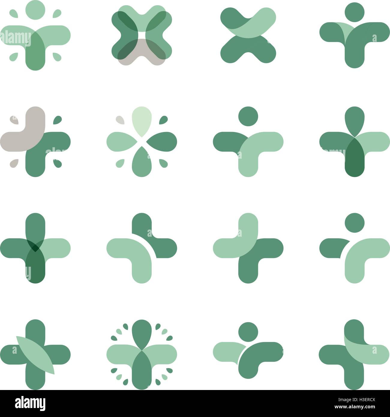 Isolierte abstrakt blau Kreuz Logo Set. Medizinische Logo-Sammlung. Religiöse Ikonographie. Vektor-Illustration. Gesundheit-Zeichen. Krankenhaus, Ambulanz-Symbol. Plus, arithmetische Multiplikation Element. Stock Vektor