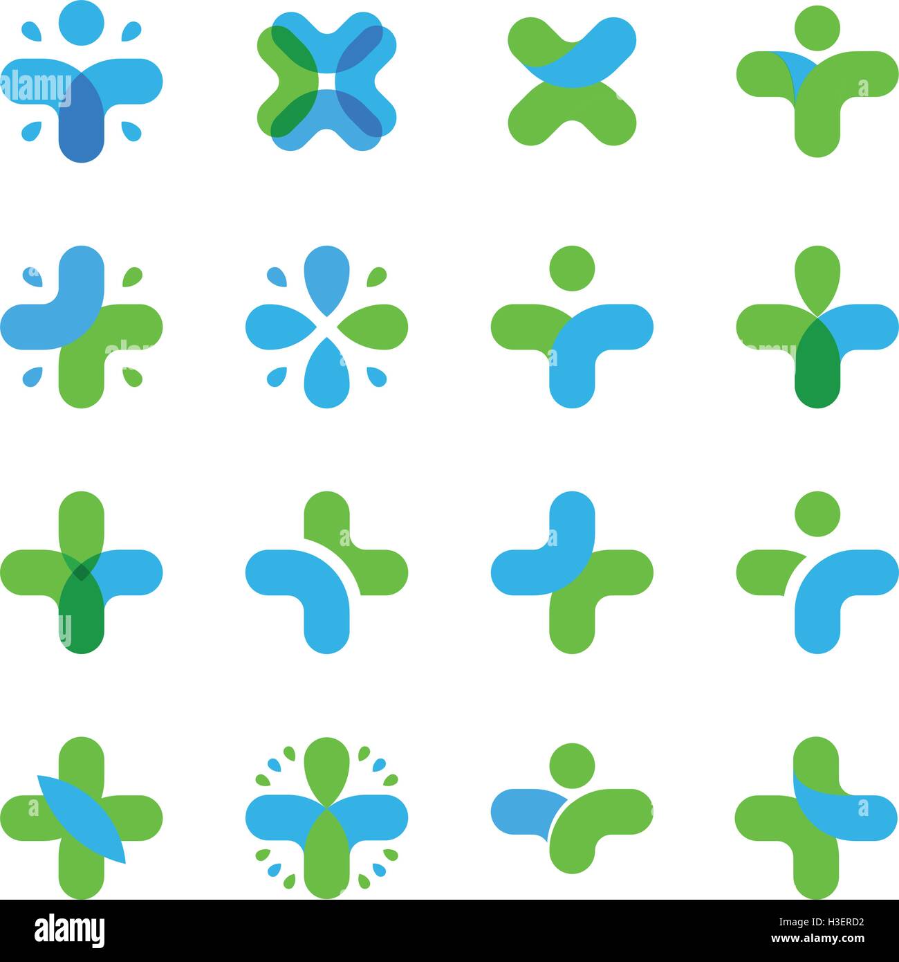 Isolierte abstrakt blau, grün Farbe Kreuz Logo gesetzt. Medizinische Logo-Sammlung. Religiöse Ikonographie. Vektor-Illustration. Gesundheit-Zeichen. Krankenhaus-Symbol. Plus, arithmetische Multiplikation Element. Stock Vektor