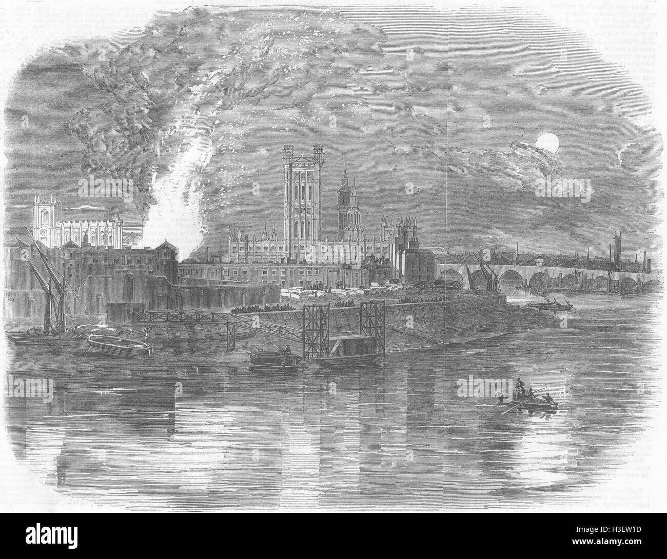 LONDON-Broadwoods Klavierfabrik Feuer von Vauxhall Bridge 1856. Illustriert von Zeiten Stockfoto