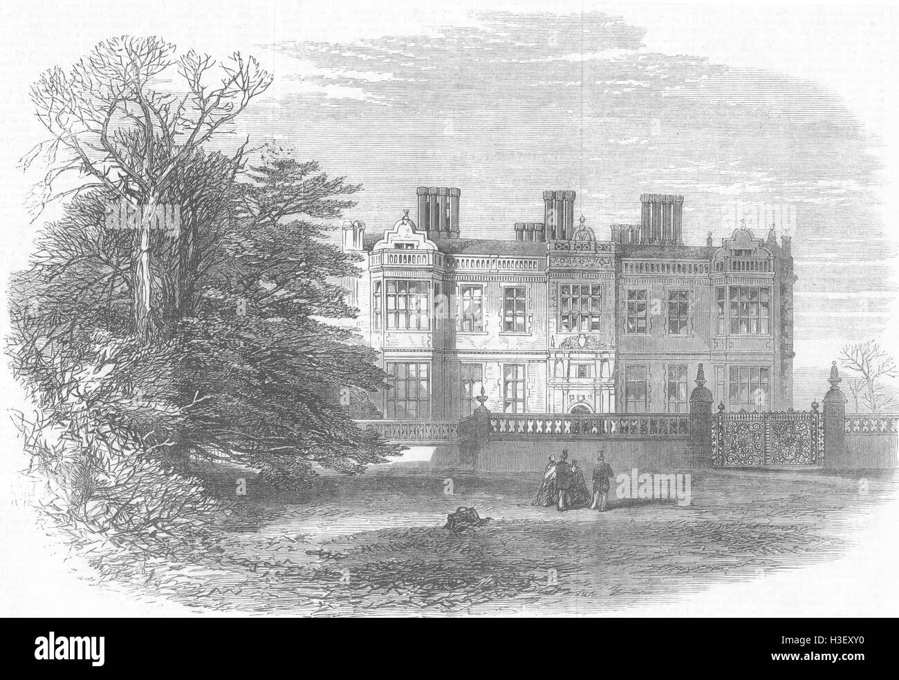 CHESHIRE Crewe Hall, Cheshire, brannte 1866. Illustrierte London News Stockfoto