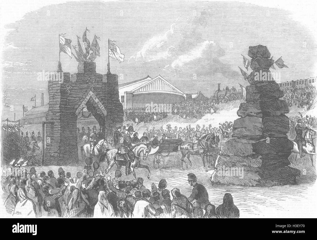 Mitarbeiter Wolverhampton Triumphbogen am Bahnhof 1866. Illustrierte London News Stockfoto