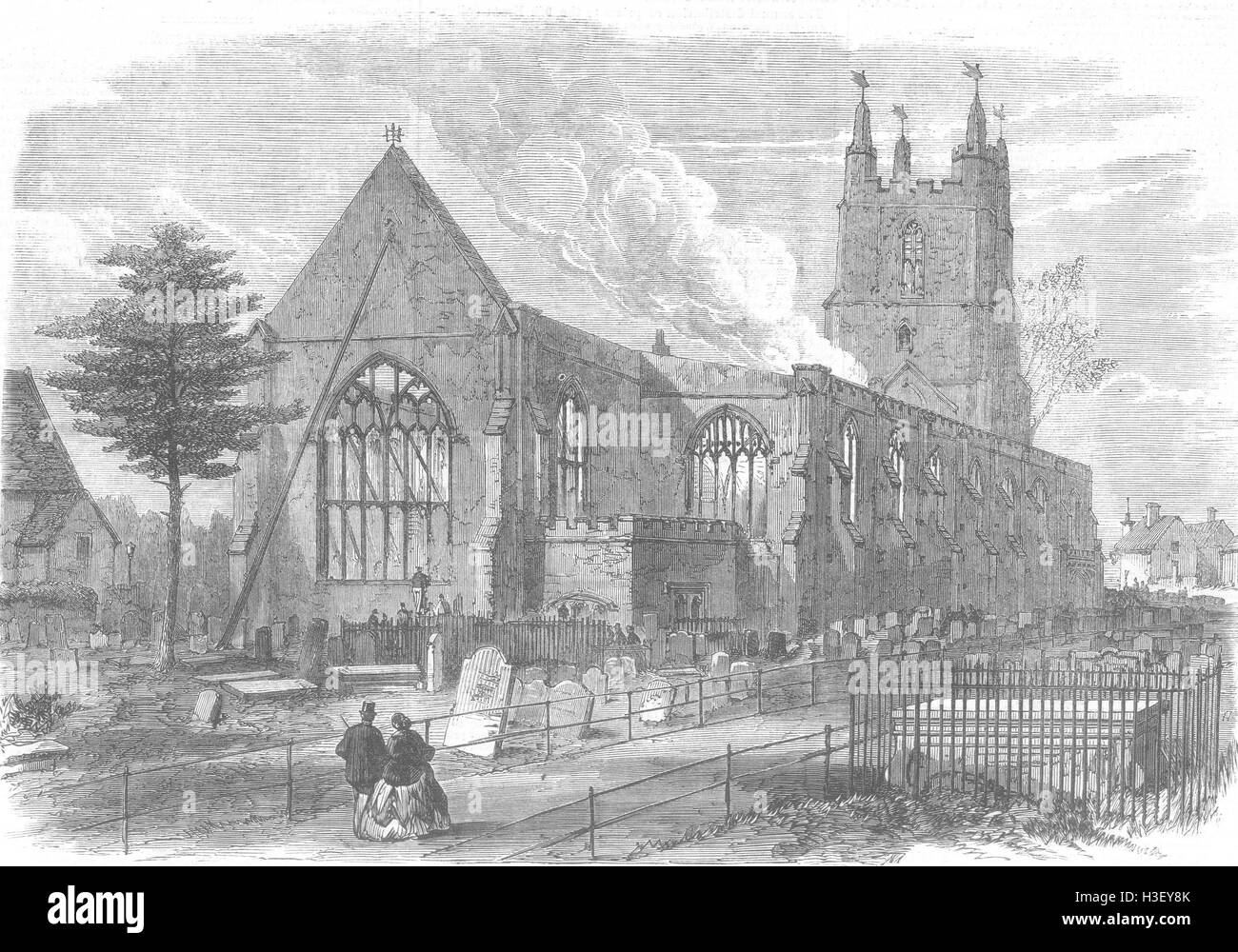 SURREY Ruinen von Croydon Kirche, 1867 brannte. Illustrierte London News Stockfoto