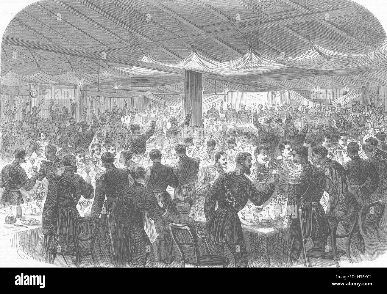 LONDON-Wimbledon-Gewehr Mtg belgischen Besucher Abendessen 1866. Illustrierte London News Stockfoto