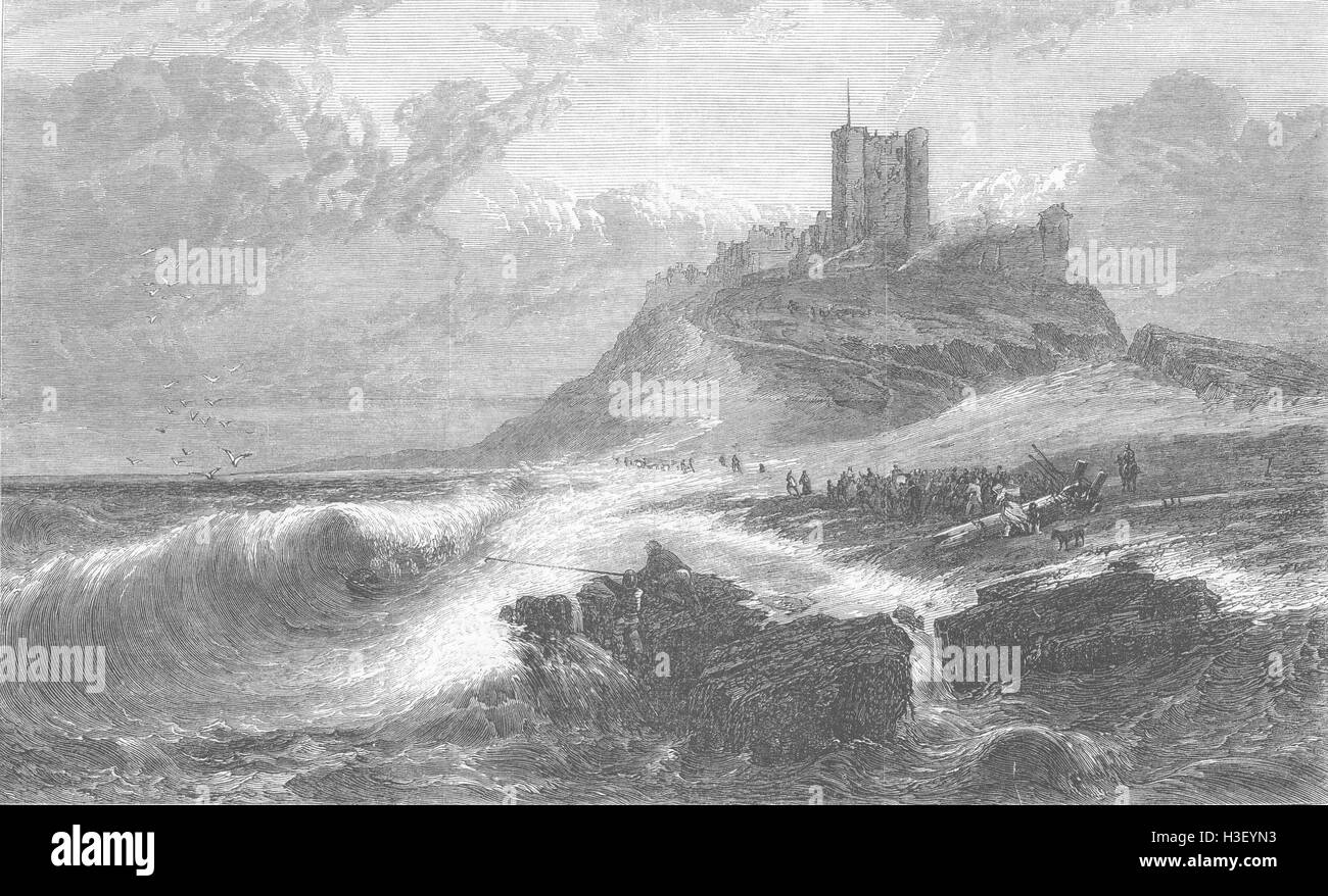 NORTHUMBS Bamburgh Castle, ein Signal der Not 1866. Illustrierte London News Stockfoto