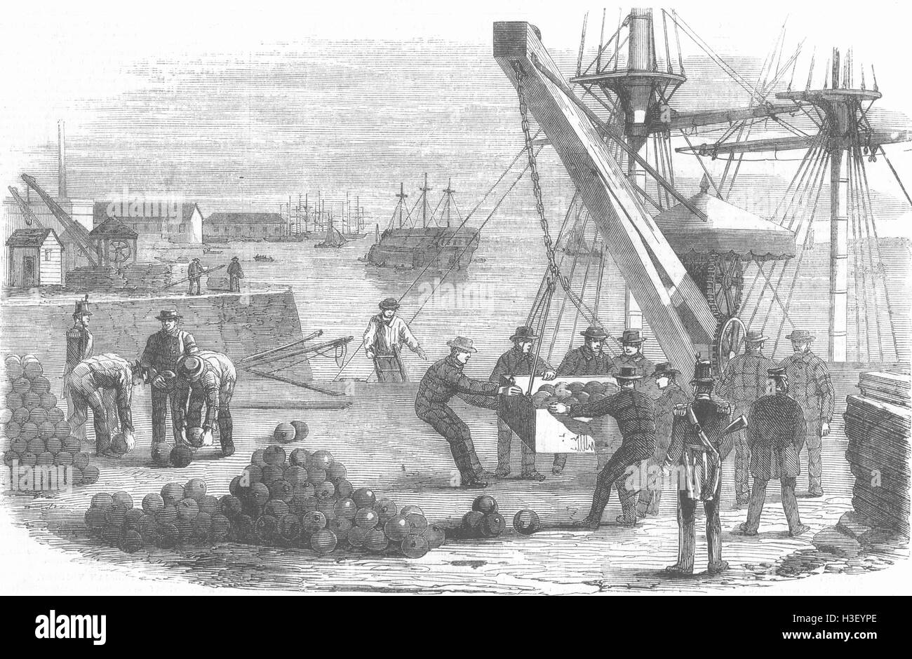 LONDON Landung Munition, Royal Dockyard, Woolwich 1855. Illustrierte London News Stockfoto