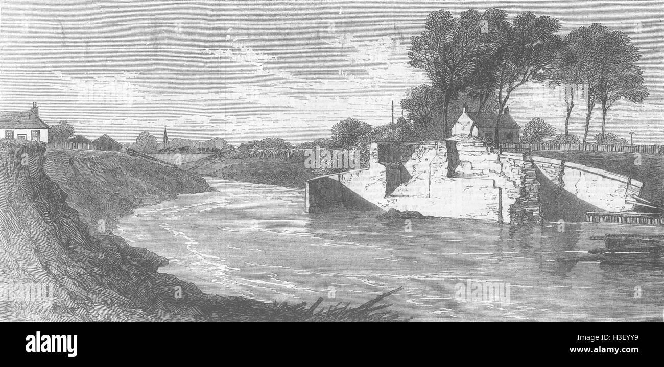 NORFOLK Fen Flut geblasen Schleuse im Marschland Drain 1862. Illustrierte London News Stockfoto