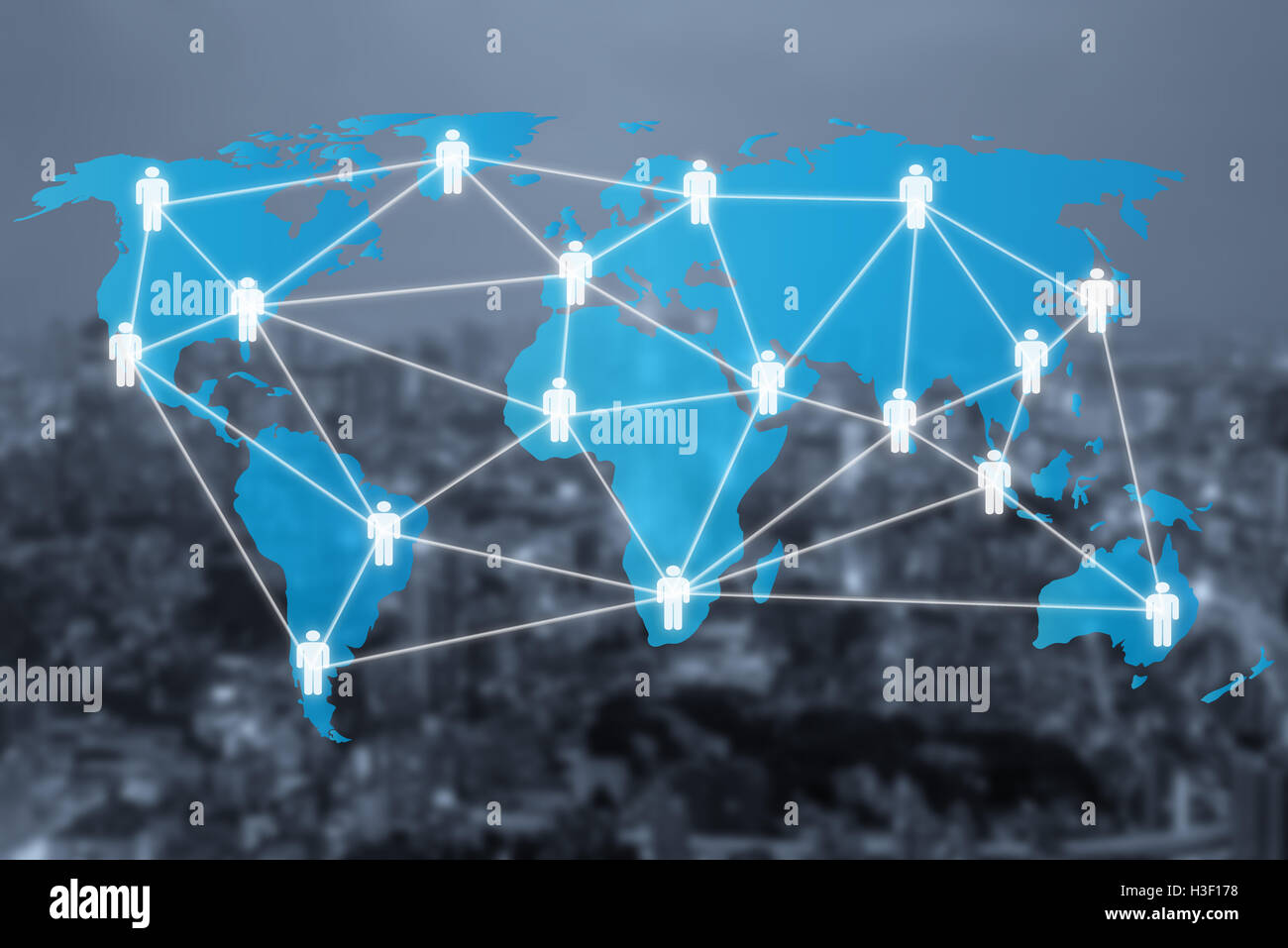 Globale soziale Netzwerk oder Menschen Management Diagramm Verbindungssymbole mit Karte-Verbindung. Netzwerk-Verbindungen Arbeitskonzept Stockfoto