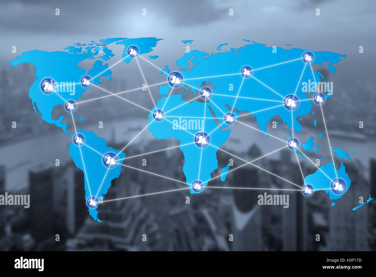 Menschen vernetzen Verbindungssymbole mit Karte Connectionand Unschärfe Weltstadt. Netzwerk-Verbindungen Arbeitskonzept Stockfoto