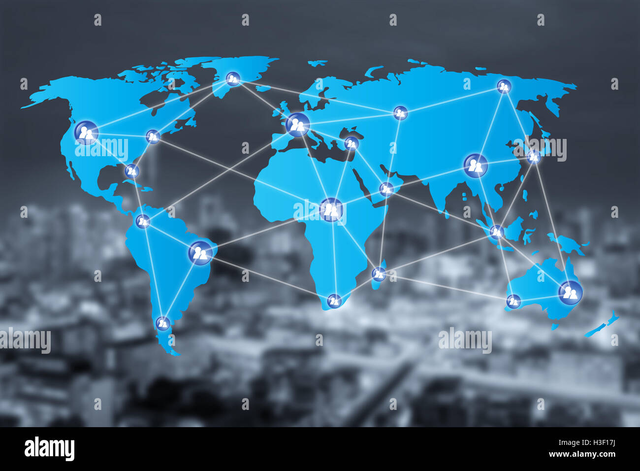 Menschen Netzwerksymbole Verbindung mit Welt ordnen Sie Verbindung und Stadt zu verwischen. Netzwerk-Verbindungen Arbeitskonzept Stockfoto