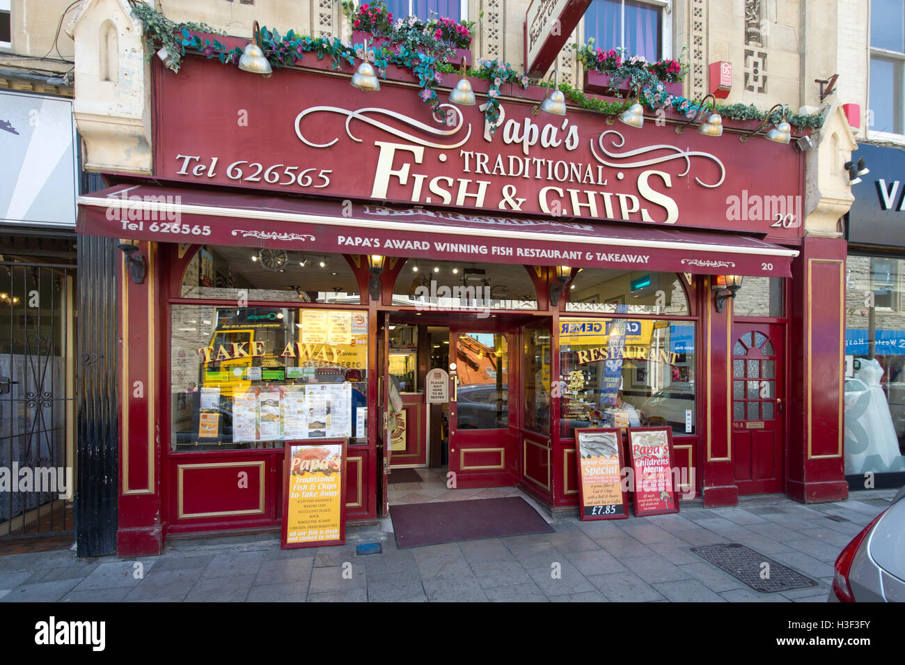 Papas traditionelle Fish and Chips Restaurant, Weston-Super-Mare, Somerset. Stockfoto