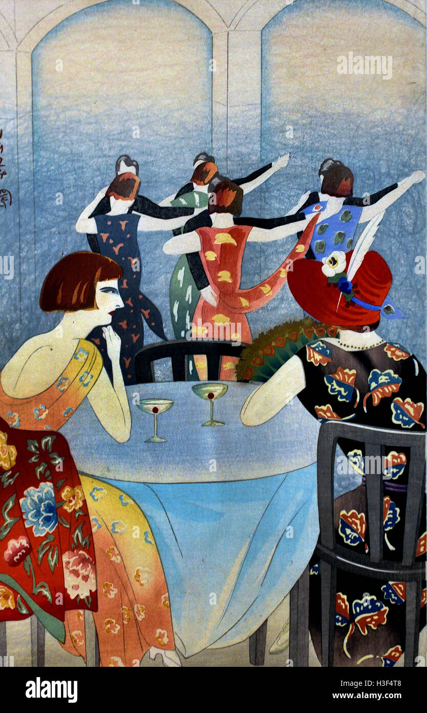 Tanzen im New Carlton Hotel in Shanghai 1924 Titel: Odori Shanhai Nyu Karuton Shoken Yamamura Kōka (Toyonari) (1886-1942) Japan (Farbe Holzschnitt auf Papier) Stockfoto