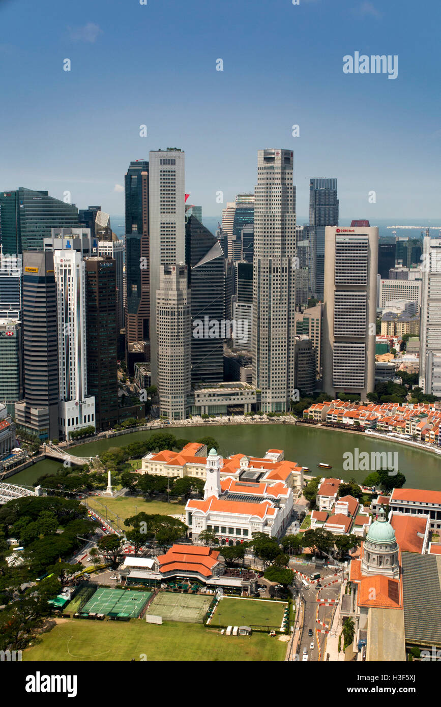 Singapur, Padang, Fluss, Boat Quay und Geschäftsviertel, erhöhten Blick von Swissotel Equinox Restaurant Stockfoto